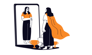Woman looking in the mirror with a cape