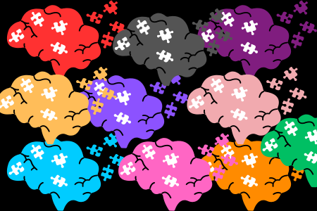 10 brains with puzzle pieces and many colours