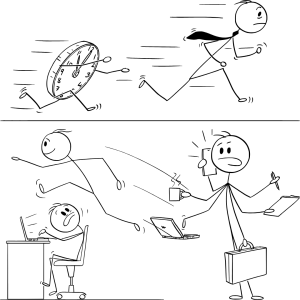 ADHD and boss, running, chaos, time clock running, Many tasks desk, jumping