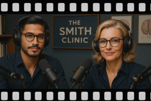 Conrad and Valerie Podcast | 2 people with headphones sitting down.