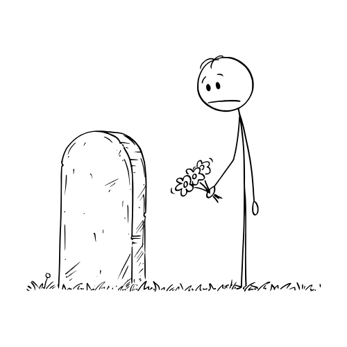 1 cartoon character mourning at a graveside, holding flowers. Grief | Chat GPT Smith Clinic