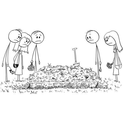 5 cartoon characters mourning at a graveside. Grief | Chat GPT Smith Clinic